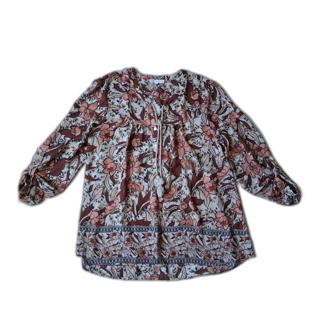 DR2 Multicolored Floral Print Quarter Button Tassel Tie Flowy Blouse Women's XL